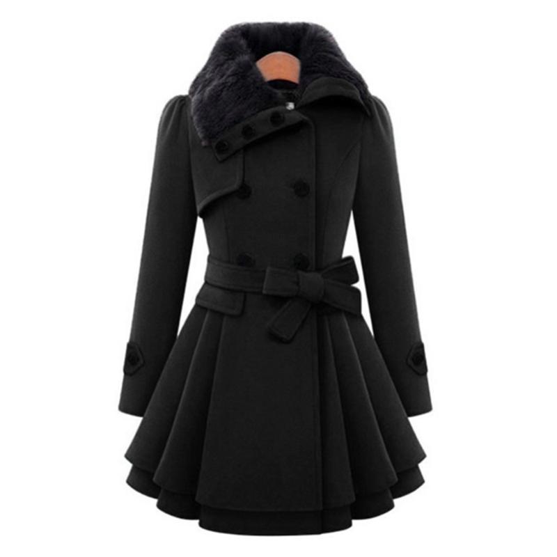 

Winter Coat Women Trench Coat Turn-down Collar Long Sleeve Peacoat Faux Fur Double Breasted Thick Plus Size Fashion Outwear, Black