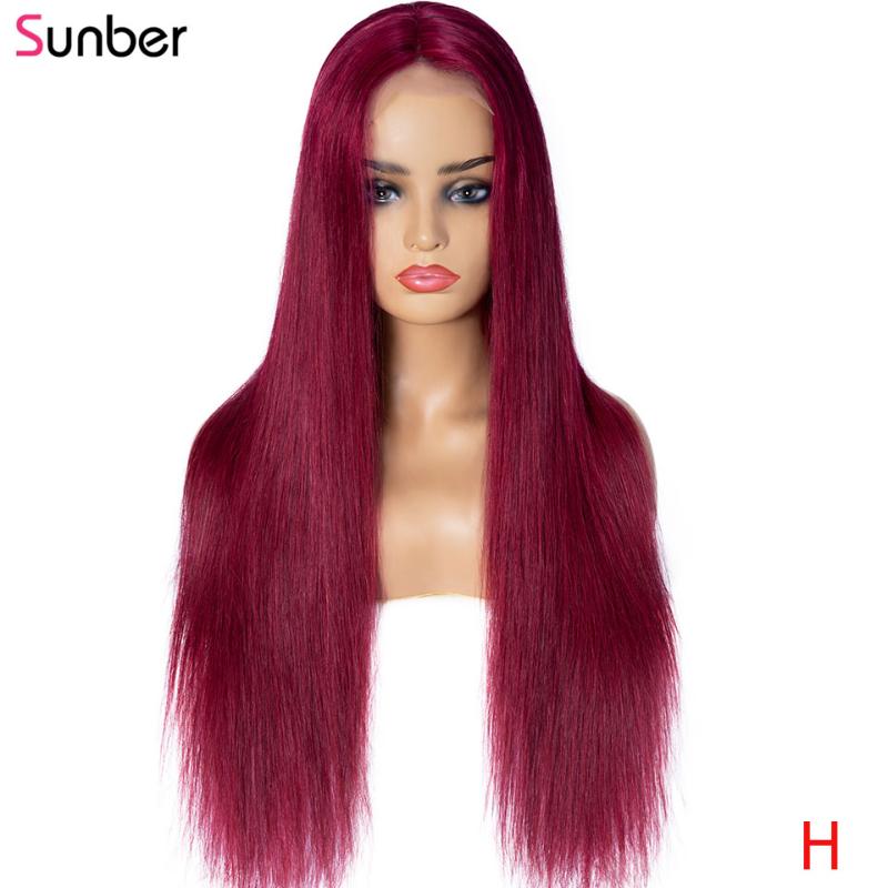 

Sunber Long Straight Lace Wig Burgundy Color Human Hair Wig 150% density Peruvian Fake Scalp Lace Part for Women, #99j