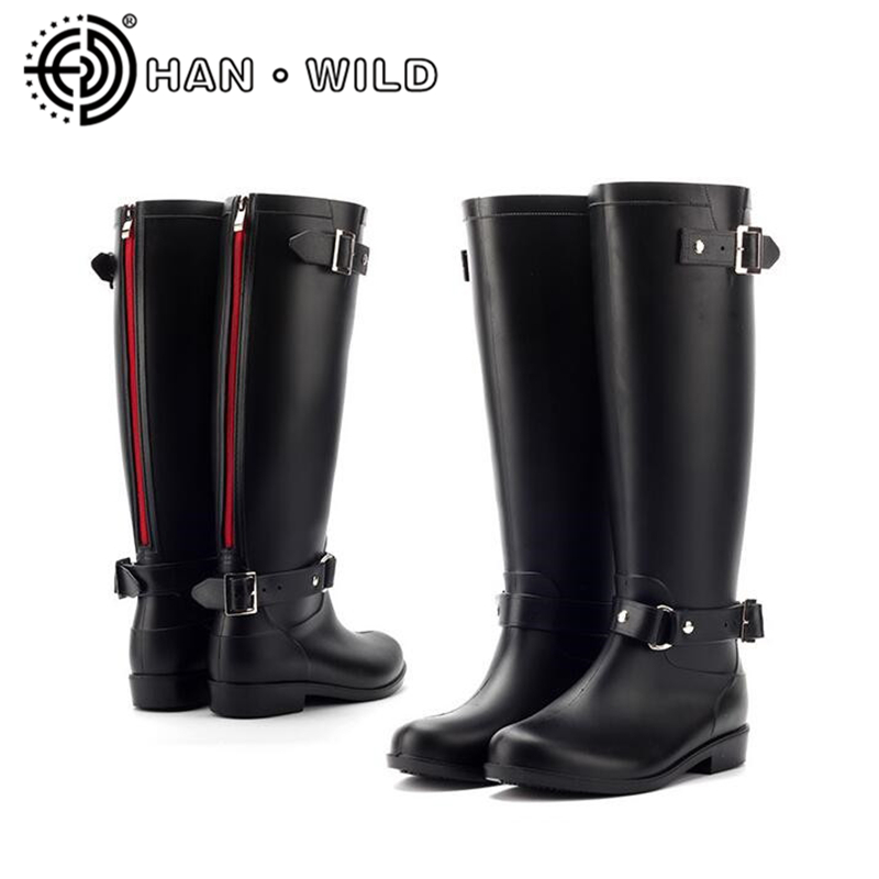 

Punk Style Red Zipper Rain Boots Outdoor Rubber Water Shoes For Women Female Knee-High Motorcycle Boots Plus Size 36-41, Black