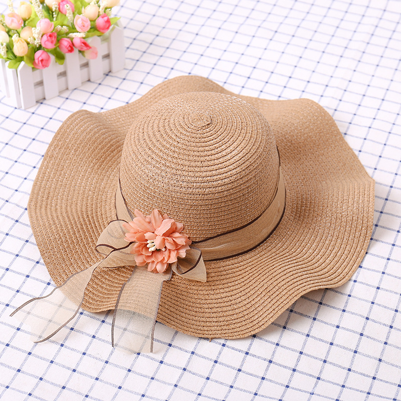 

New Wide Brim Ladies Straw Hat Spring and Summer Outdoor Sunscreen Sunshade Cap Visor Women Floppy Beach Hats Wholesale H011, Khaki