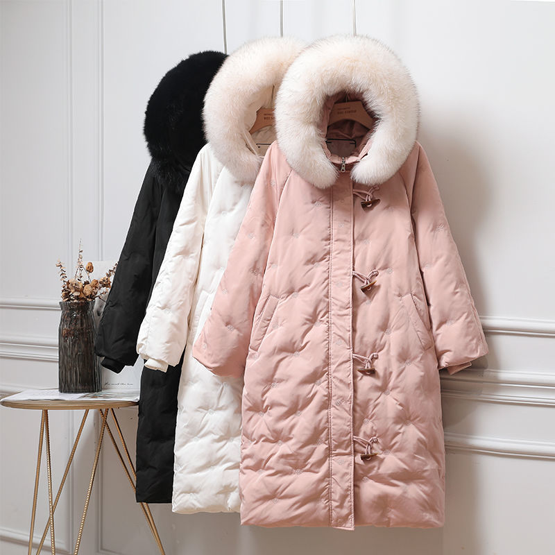 

2020 Winter Women Duck Down Coat Korean Female Natural Fur Collar Hooded Warm Thick Horn Button Long Oversize Parkas S198, Ivory