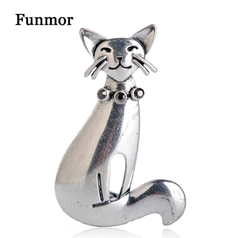 

FUNMOR Vintage Smile Cat Brooches For Women Party Jewelry Hijab Pins Antique Silver Color Crystal Animal Brooch Sweater Pendant
