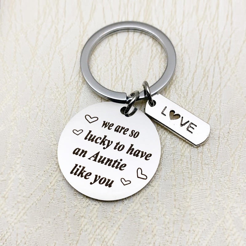 

Oeinin Creative Keychain Man Lucky To Have An Auntie Like You Key Chain Bags Boy Silver Color Key Ring Alloy Pendant Accessories