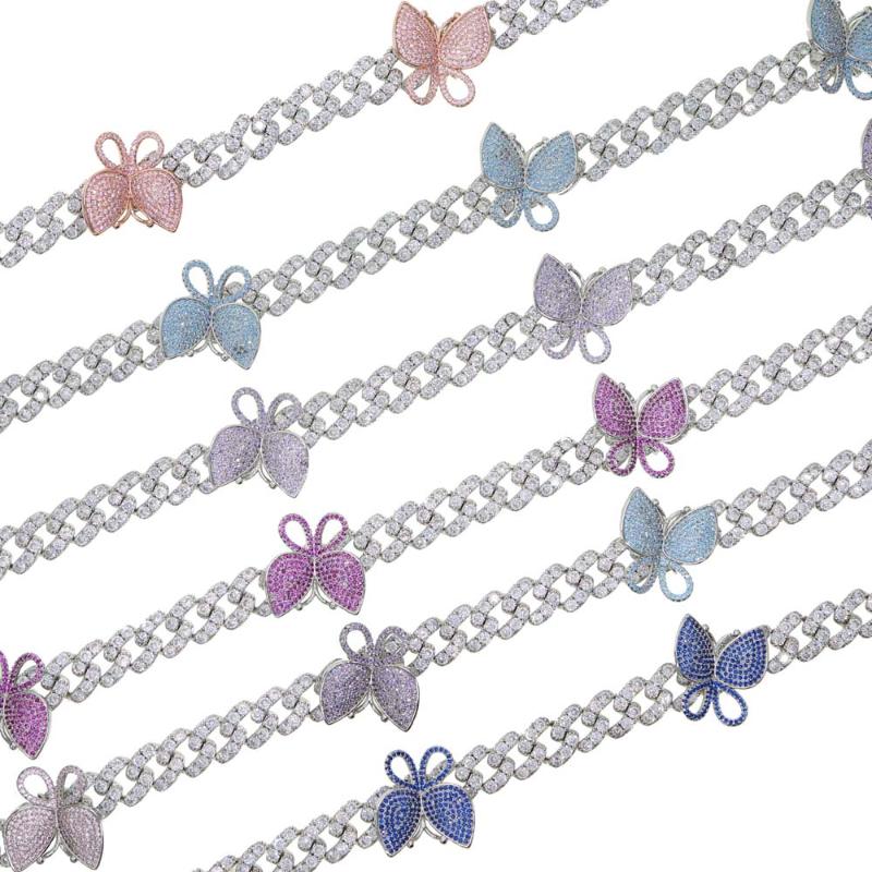 

Iced out bling cz 12mm width Hiphop pastel colorful cz cuban link chain zircon big butterfly charm choker necklace for women