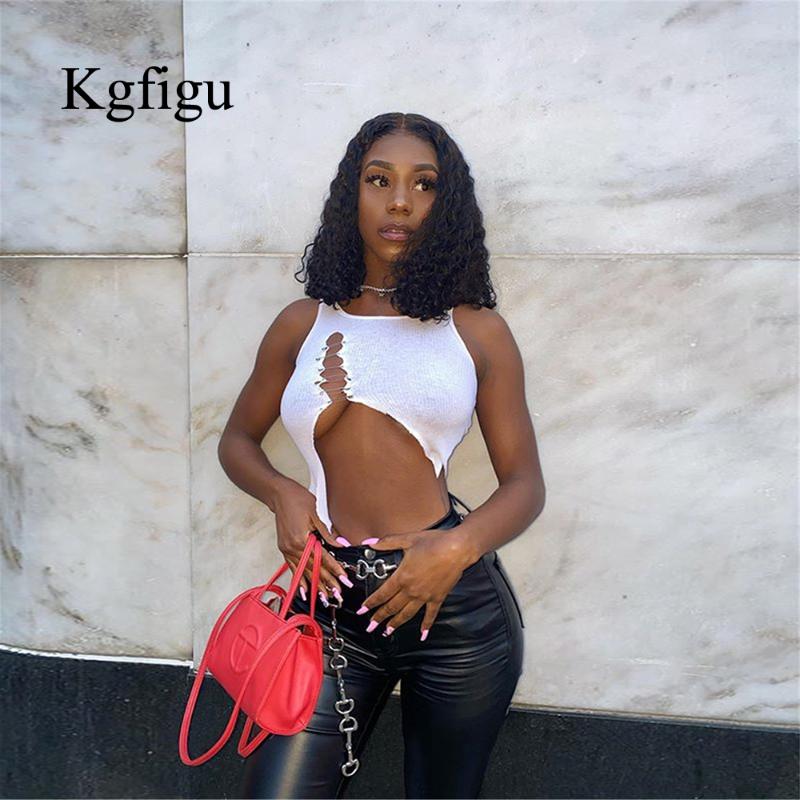 

KGFIGU 2020 New Design Pin Sexy Cropped Top Hollow out Front Split Hem O-Neck Slim Women Fashion Summer New Sexy Streetwear, White