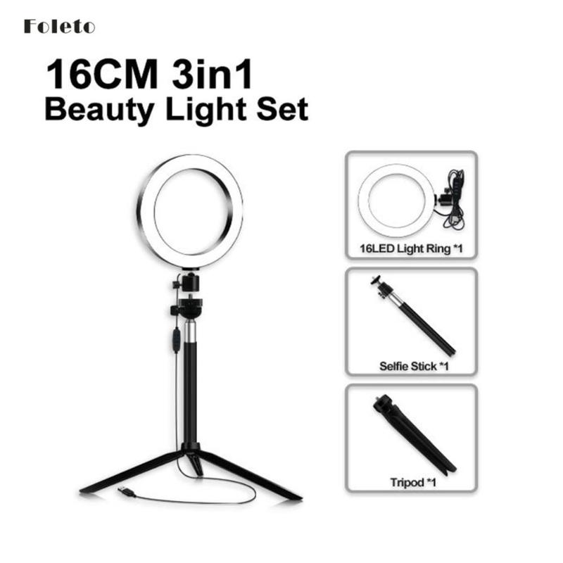 

Foleto 16cm LED Selfie Stick Ring Light Photography Makeup Ring Lamp With Phone Holder USB Plug For Live Stream Youtube Video