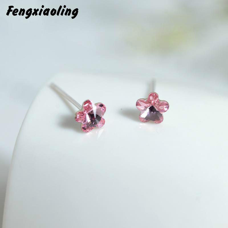 

Fengxiaoling 100% 925 Sterling Silver Pink Crystal Plum Flower Stud Earrings For Women Simple Fashion Party Jewelry