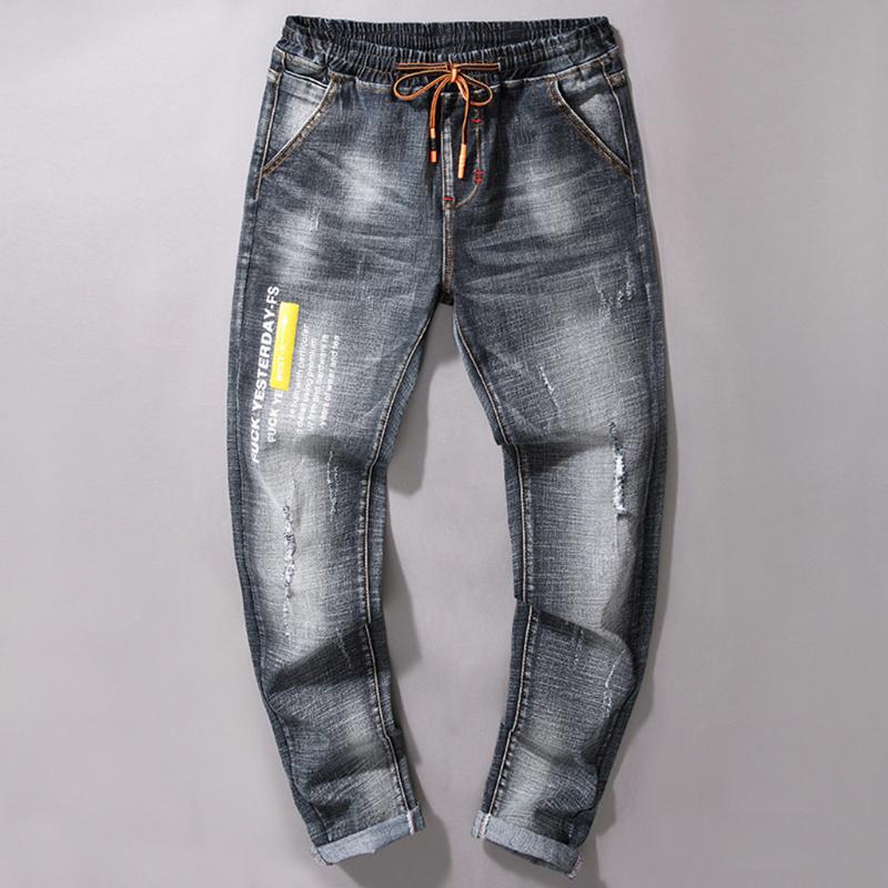 

Fashion denim ripped jeans for men stretch Casual Personality Printing Slim Fit Denim jeans homme taille elastique#g2, Blue