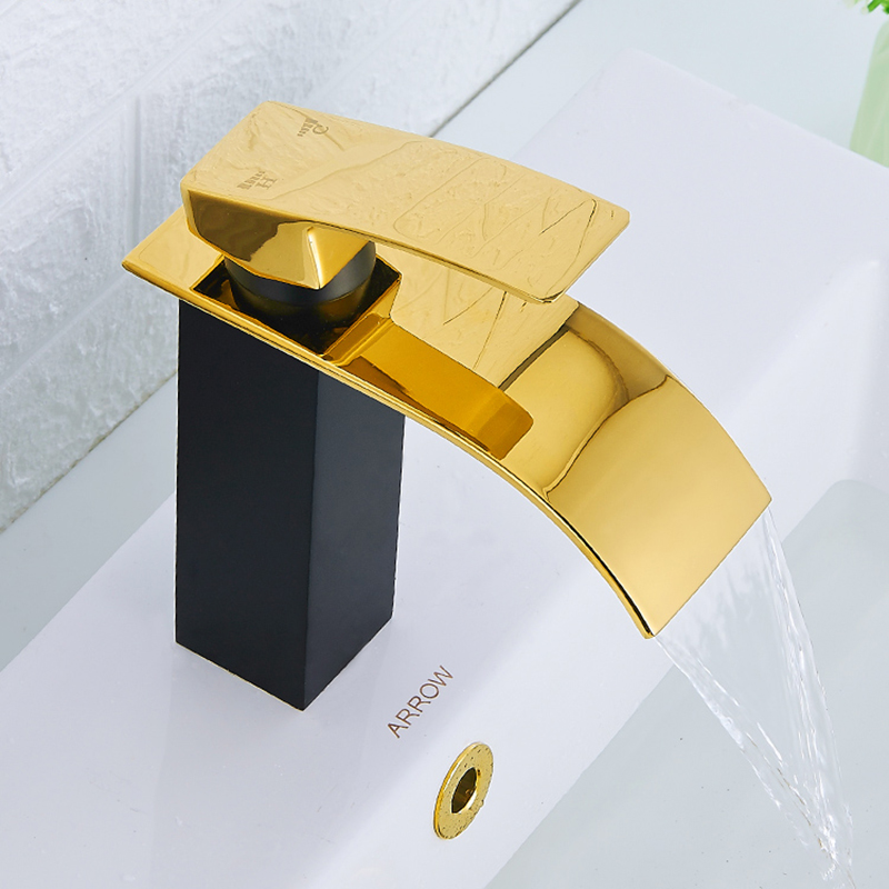 

Waterfall faucets Basin Faucets Black and Gold Brass Bathroom Faucet Single Hole Cold and Hot Water Tap Basin Faucet Mixer Taps