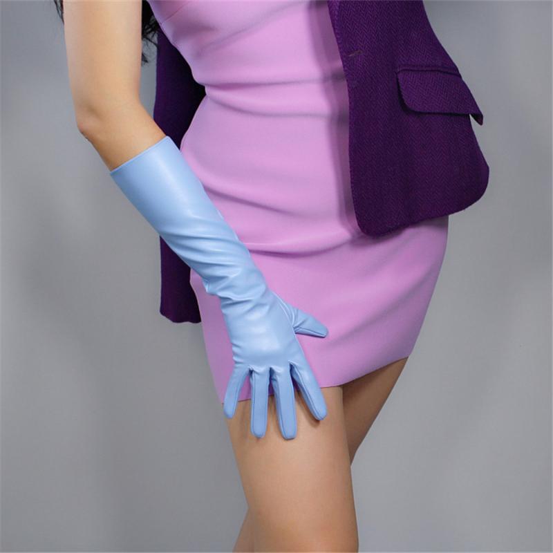 

Long Leather Gloves 40cm Forearm Artificial Leather Imitation Sheepskin Sapphire Light Blue Sky Blue PUQL-4