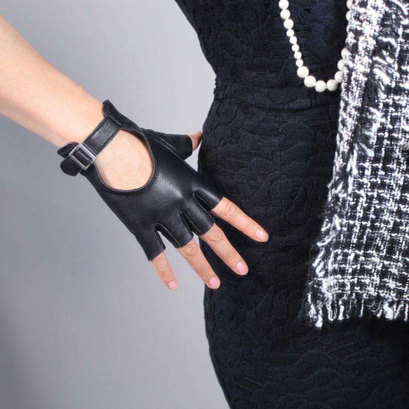 

Leather Half Finger Gloves Women Black Silver Square Buckle Ultra-Thin Pure Sheepskin Fingerless Short Spring Summer TB88-2