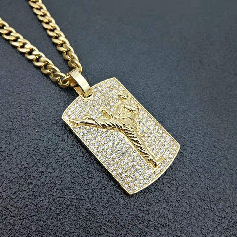 

Hip Hop Rhinestones Paved Bling Iced Out Gold Color Stainless Steel Geometric Sqaure Pendants Necklaces Rapper Jewelry