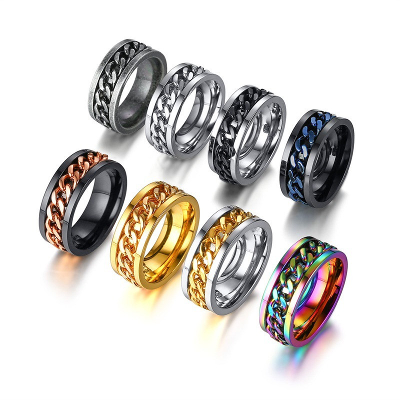 

ZORCVENS 2020 New 8 Colors Rotatable Chain Men Rings Stainless Steel Stress Jewelry Punk Vintage Wedding Ring for Man