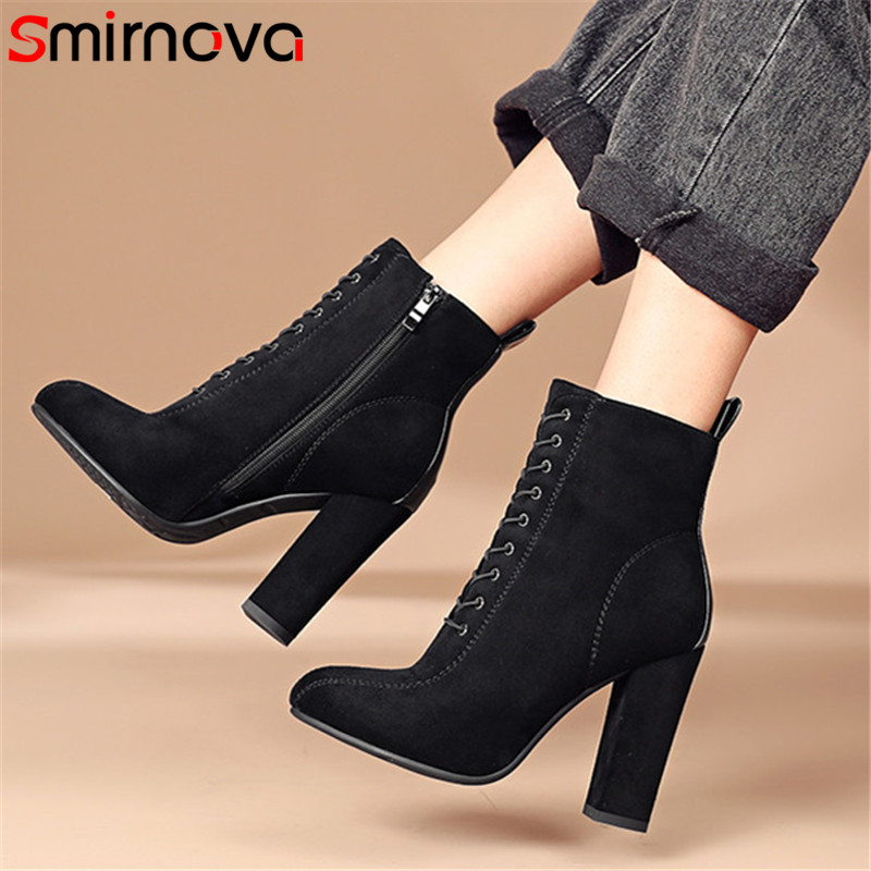 

Smirnova 2020 big size 43 newest ankle boots women flock round toe classic high heel boots autumn winter dress shoes ladies, Black