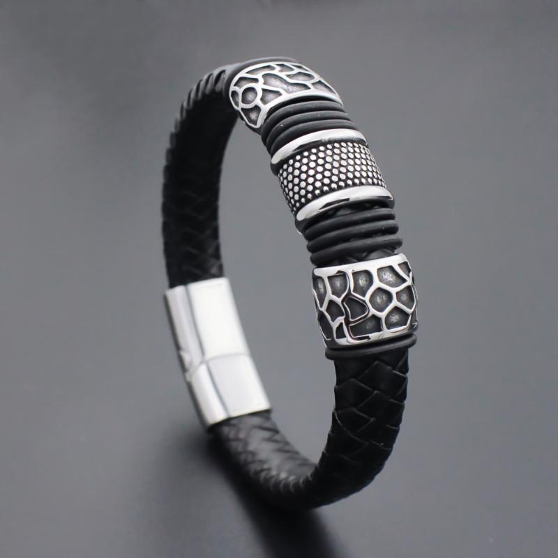 

12MM Wide Braided Vintage Genuine Leather Bracelet For Men Stainless steel Spots Bead Bracelets with Magnet Clasp