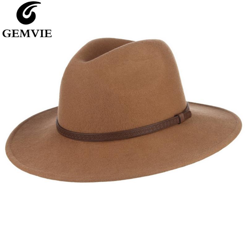 

GEMVIE New Unisex Vintage Wide Flat Brim 100% Wool Hat Fedora Felt Hat For Women Man Leather Bands Warm Winter Panama Jazz Cap, Camel 1