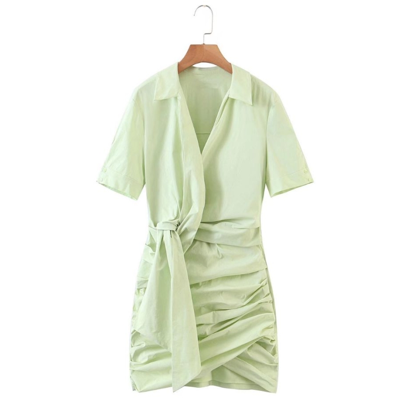

Solid Woman Turn-down Collar knotted Pleated Mini Dress Casual Femme Short sleeve Dresses Fashion Lady Loose Clothes D6297, As pic