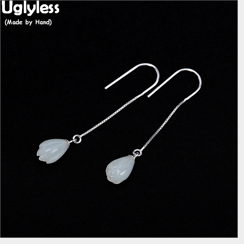 

Uglyless 100% Real 925 Sterling Silver Handmade Magnolia Flower Earrings for Women Natural Jade Floral Fine Jewelry Gemstones