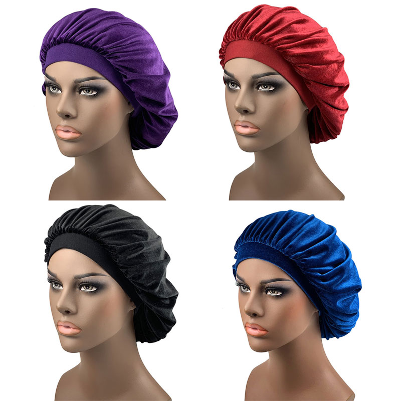 

Solid Color Velvet Elastic Wide Band Night Chemo Hat Women Girl Sleep Caps Bonnet Hair Care Fashion Accessories