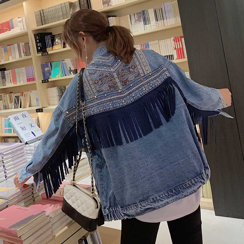 

Punk Boho Tassel Embroidery Denim Jacket Women Blue Loose Rivet Pocket Oversize female 2020 spring jean jacket