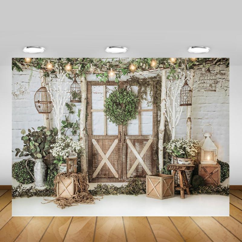 

Spring Backdrop for Photography Green Leaves Wreath Spring Newborn Birthday Background Vintage Door Photo Studio Photocall