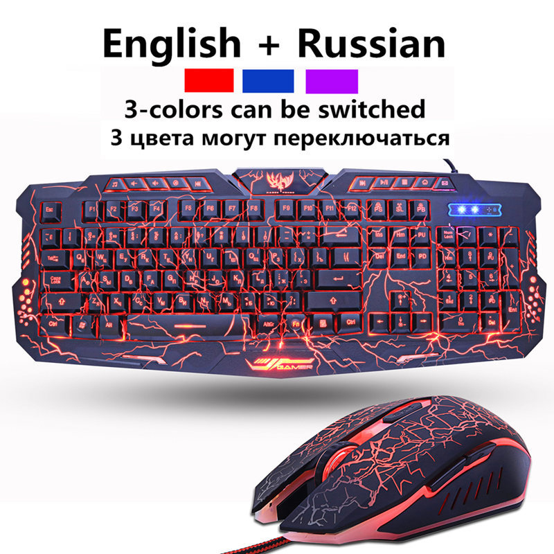 

Russian/English Gaming Keyboard USB LED 3-Color M200 USB Wired Colorful Breathing Backlit Waterproof Crack mechanical Keyboard