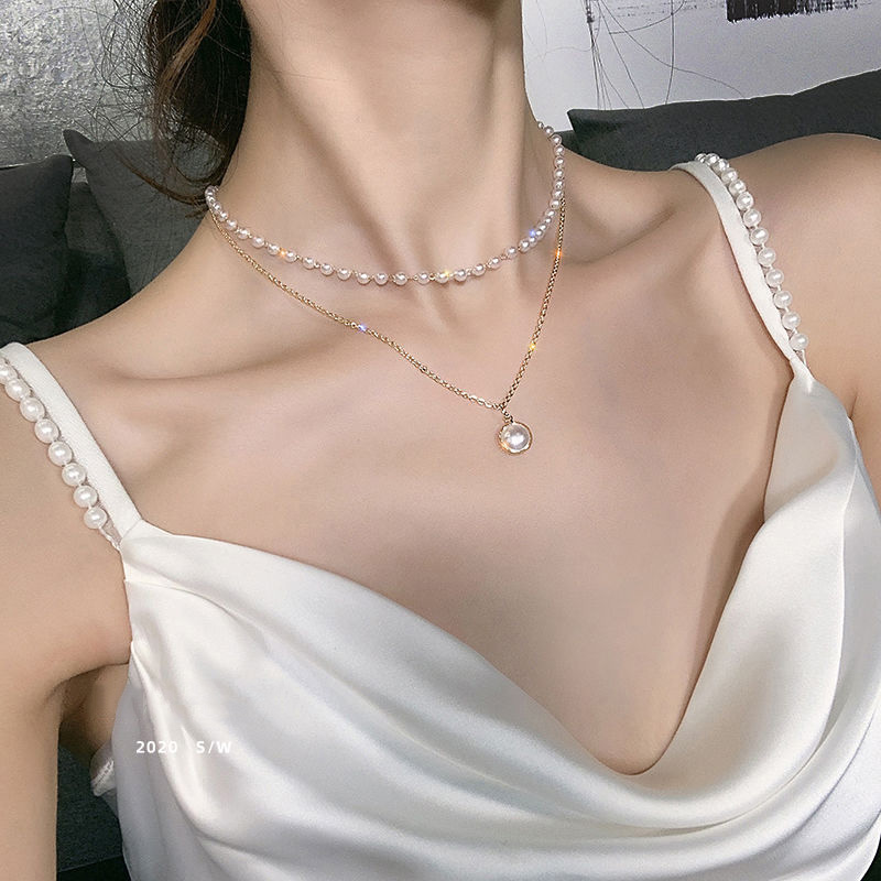 

New Korean Double Layer Chain Gold Color Cute Choker Women Necklace Fashion 2020 Style Pearl Pendant Necklace Jewelry Collar