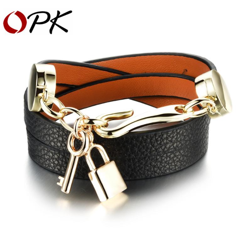 

OPK Leather Braceket Alloy/Cowhide Material Multilayer Locks Leather Bracekets For Women Making Wide Vintage Hot Selling PH1072