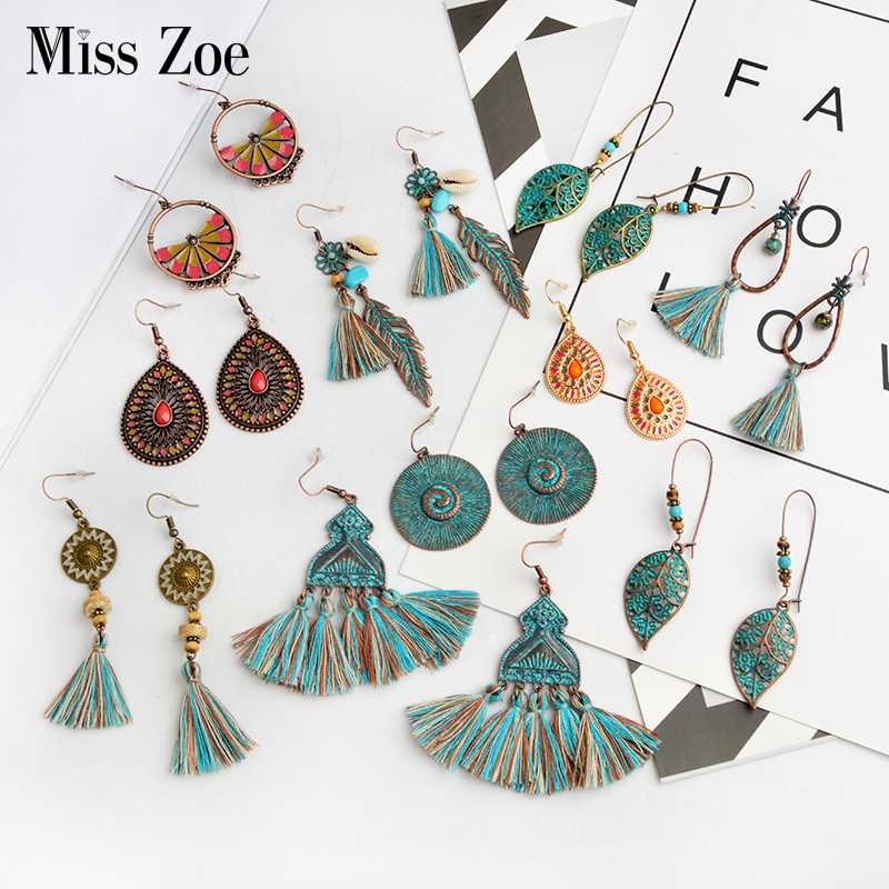 

Bohemia earrings Collection Green leaf shell BOHO tassels Drop earrings Charm ear drop danglers Gypsy jewelry for Women girls