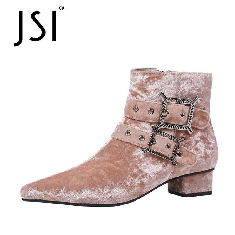 

JSI Hotsale Dress Shoes Ankle Boots Woman Solid High Quality Pointed Toe Ankle Boots Ladies Low Square Zipper JO657, Short plush