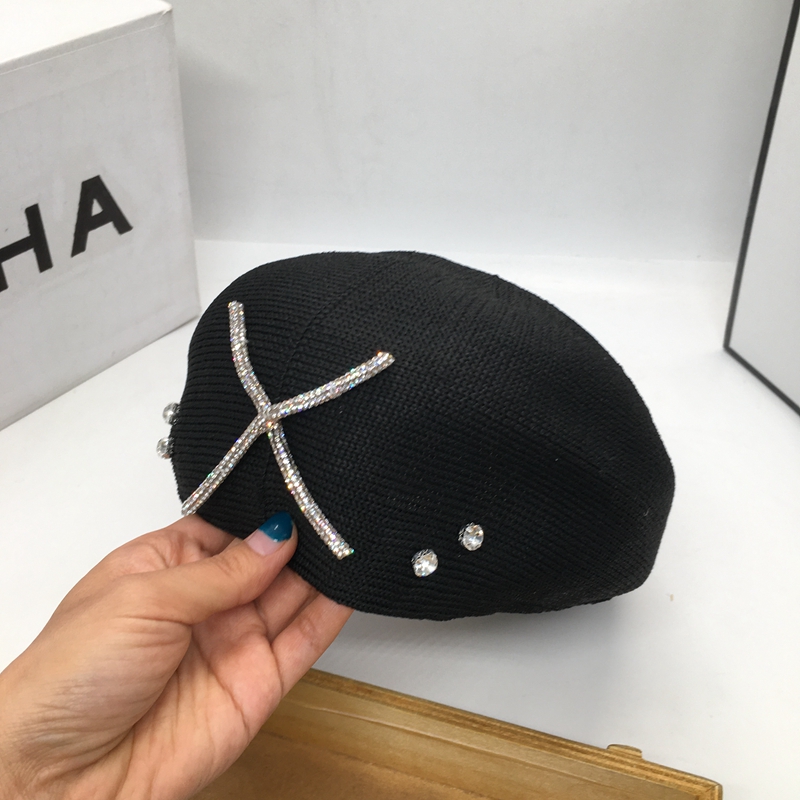 

Summertime joker han edition diamond fashion hat beret knitting breathable cap painter female ins of the wind berets, Black