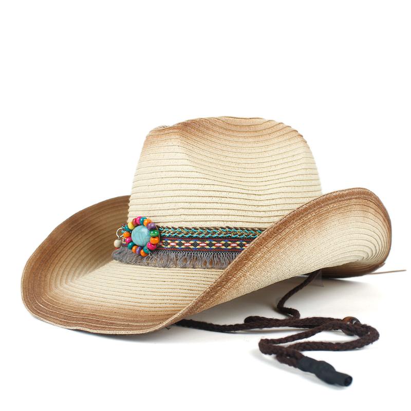 

2020 Western Cowboy Hat Women Summer Straw Bohemian Tassel Sombrero Hombre Beach Cowgirl Jazz Sun Hat Size 57-59CM, Khaki
