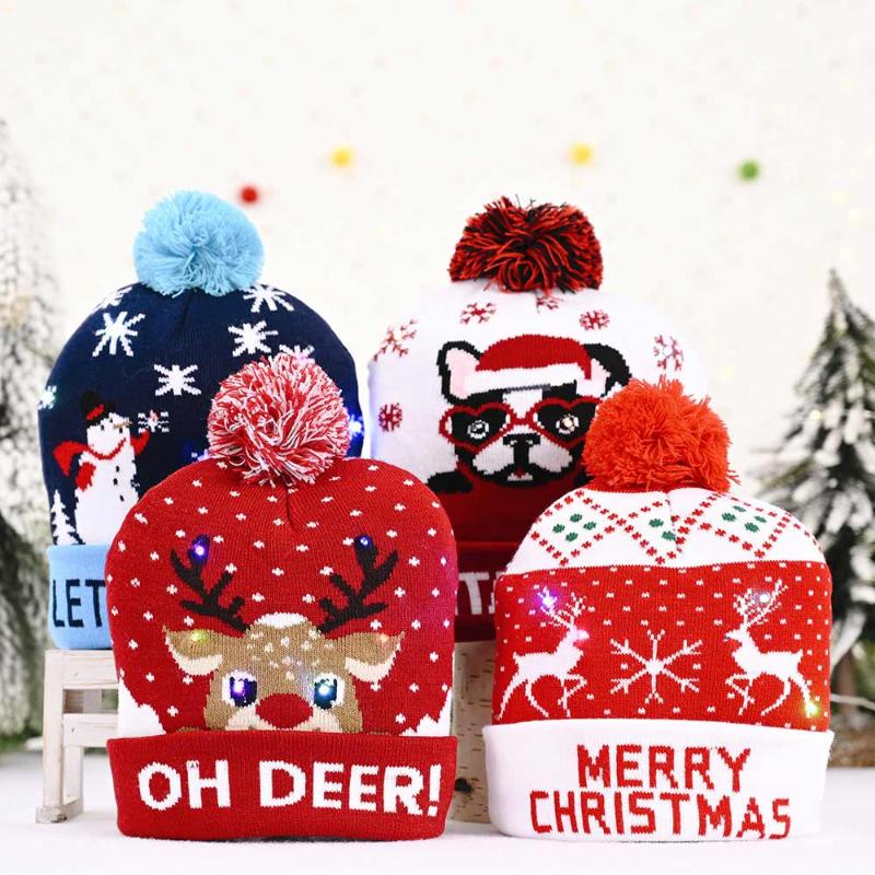 

Christmas Hats Beanie Sweater LED Light Knit Hat Christmas Decorations For Home Santa Elk Hat Light Up Knitted Gift For Kids