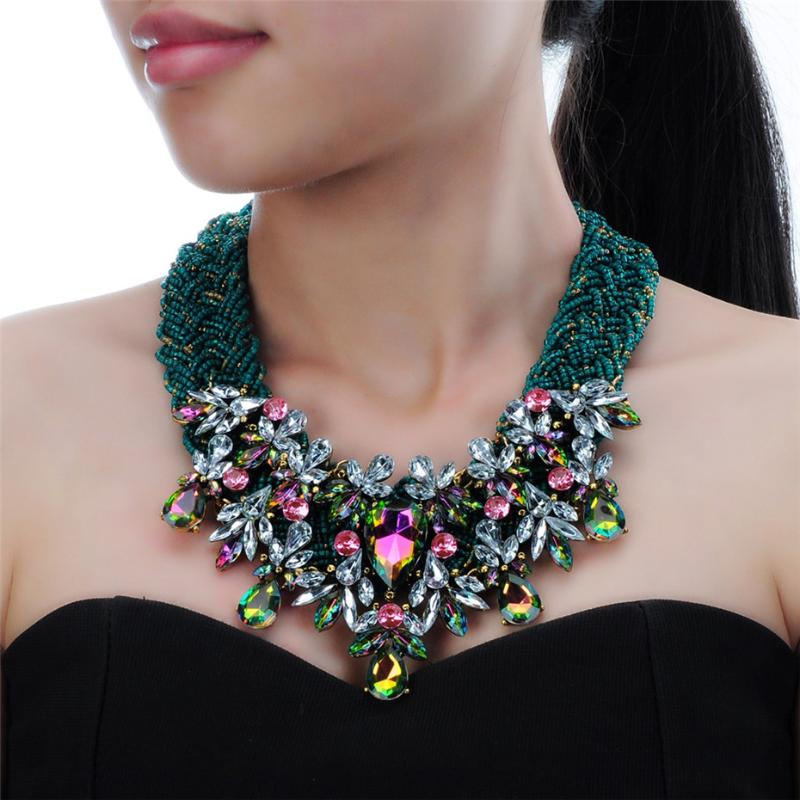 

Fashion Resin Bead Acrylic Jewelry Chain Handmade Choker Statement Bib Necklace Crystal Pendant Big Choker Women Gift