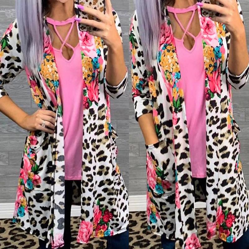 

Ladies Fashion Leopard Flowers Printed Long Soft Sleeve Loose Jacket Cardigan Cover-Ups Sexy Bikini Cover Up Sunscreen Beachwear