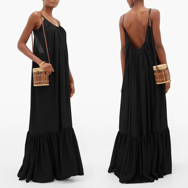 

Women Spaghetti Strap Sundress ZANZEA 2020 Fashion Summer Backless Ruffle Dress Maxi Vestidos Female Casual Solid Robe Plus Size, Black