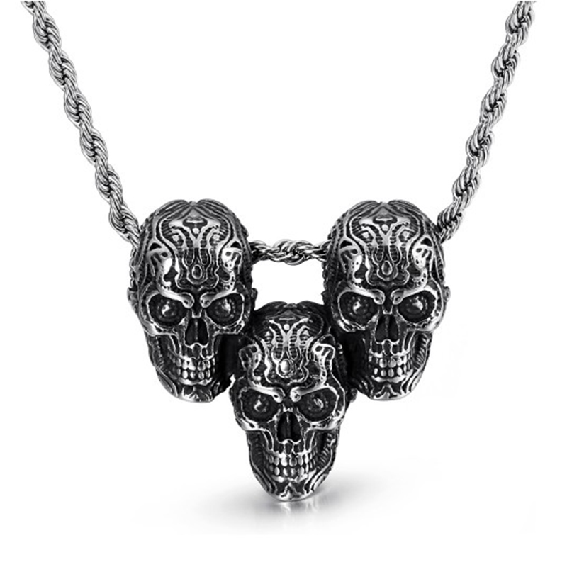 

Hip-Hop Rock Three Skull Heads Pendant Necklace Charm Men Vintage Stainless Steel Biker Jewelry Twist Rope Chain Long Necklaces