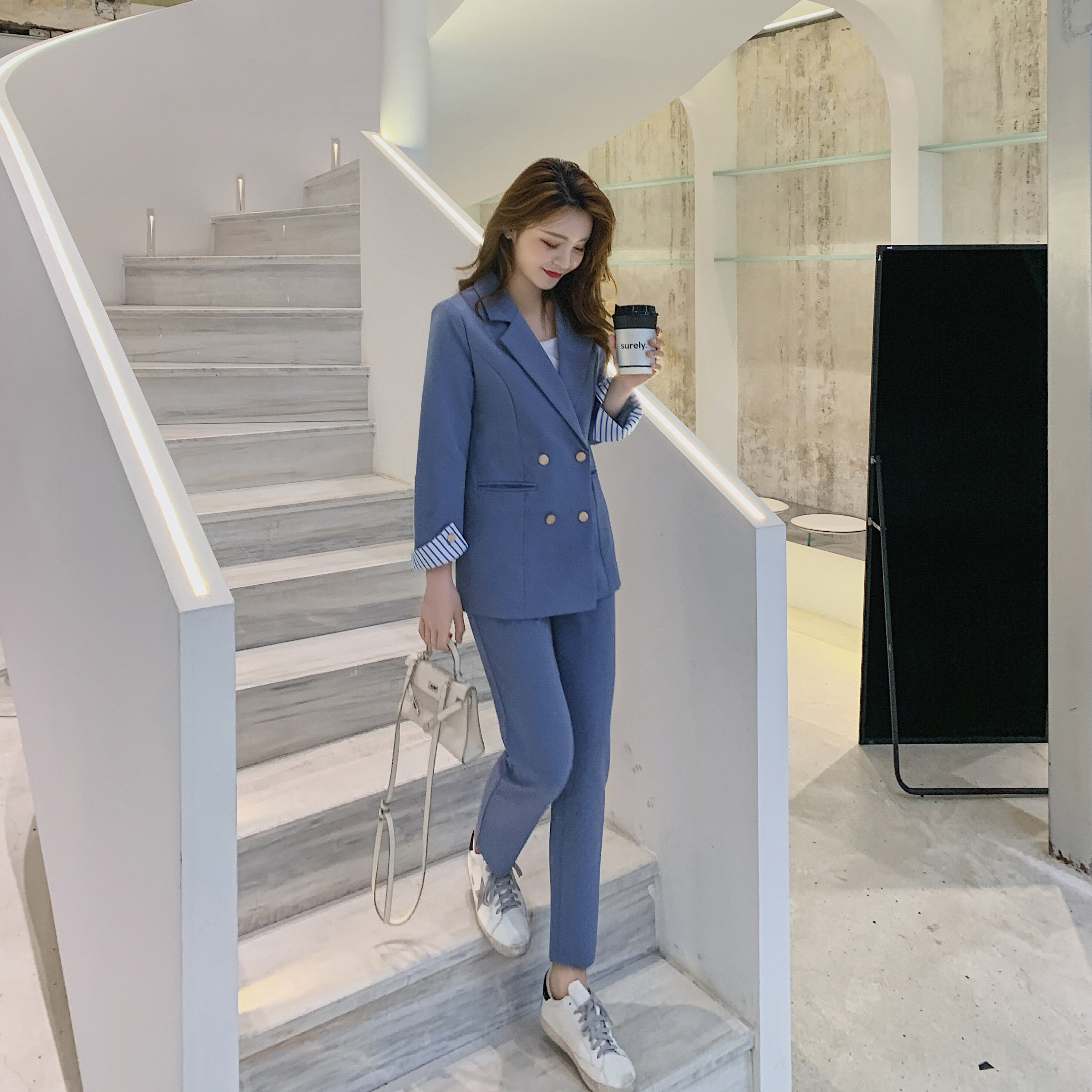 

Business Women Two Pieces Formal Suit Double Breasted Long Sleeve Blazer and Straight Pencil Pant Set Suit, Black;brown