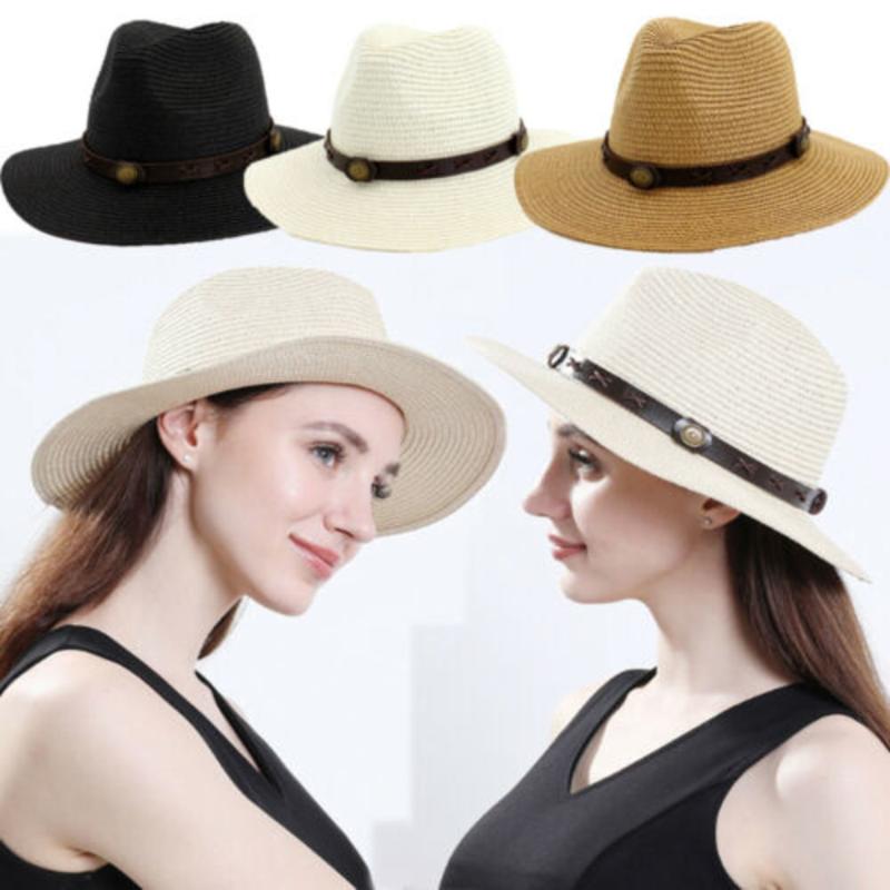 

Mens Ladies Summer Packable Straw Wide Brim Panama Fedora Hat With Band New
