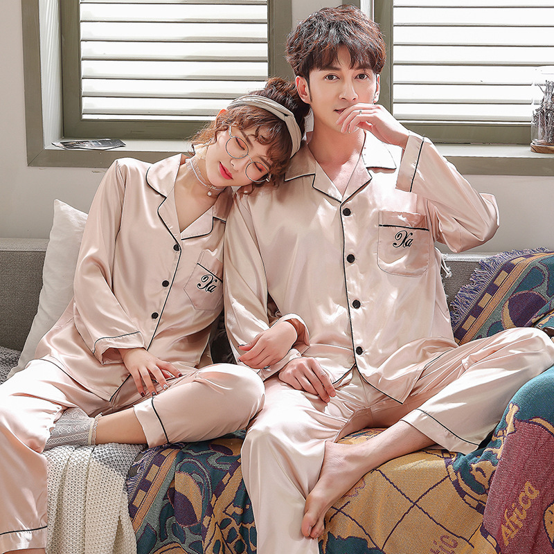 

FZSLCYIYI Luxury Pajama suit Satin Silk Pajamas Sets Couple Sleepwear Pijama Lover Night Suit Men & Women Casual Home Clothing, Women sets 1