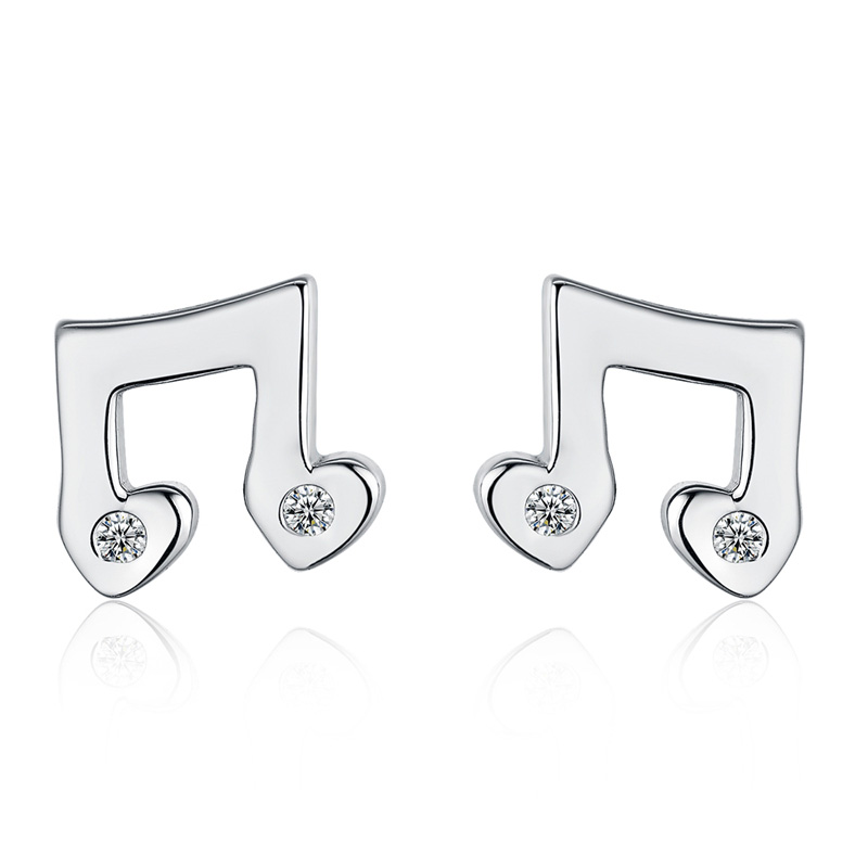 

925 Sterling Silver Earring Music Note Lovely Sweet Cute Simple White CZ Stud Earring Women Girls Korean Fashion Jewelry