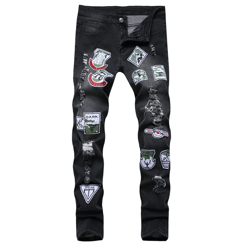 

New denim men's jeans embroidered stitched ragged beggar's pants slim personality men's jeans, See chart