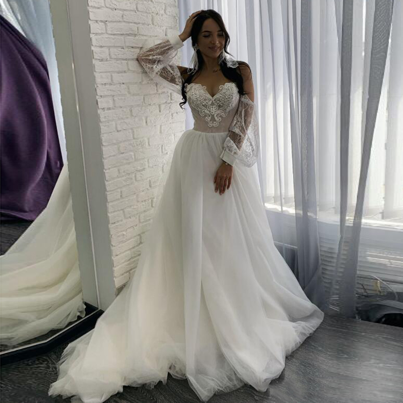 

Eightale Off the Shoulder Wedding Dress 2020 Appliques Lace A-Line Tulle Beach Wedding Gown Puffy Sleeves Bridal Gowns, White