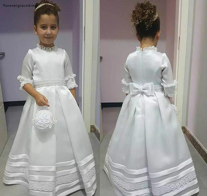

White Lovely Cute Flower Girls Dresses Princess A Line High Neck Daughter Toddler Pretty Kids Formal First Holy Communion Gowns, Picture color