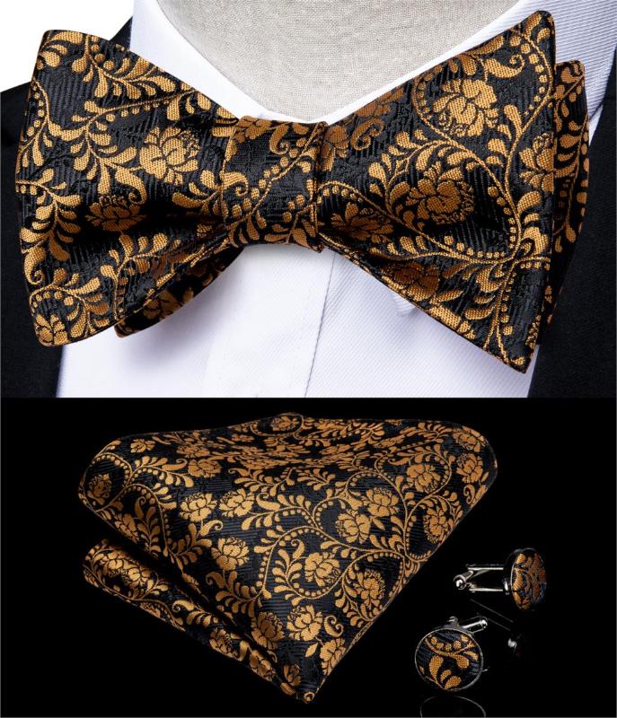

Fashion Men's Bowtie Gold Black Floral Designer Ajustable Butterfly Gift Bowtie For Men Silk Wedding Groom Party DiBanGu LH-089