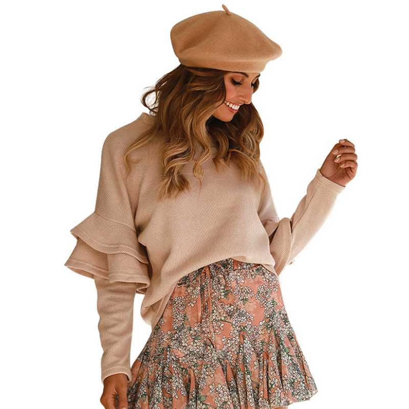 

New Autumn/Winter Sweater Lotus Leaf Horn Stitching Long-Sleeved Loose Round Neck Top, Beige