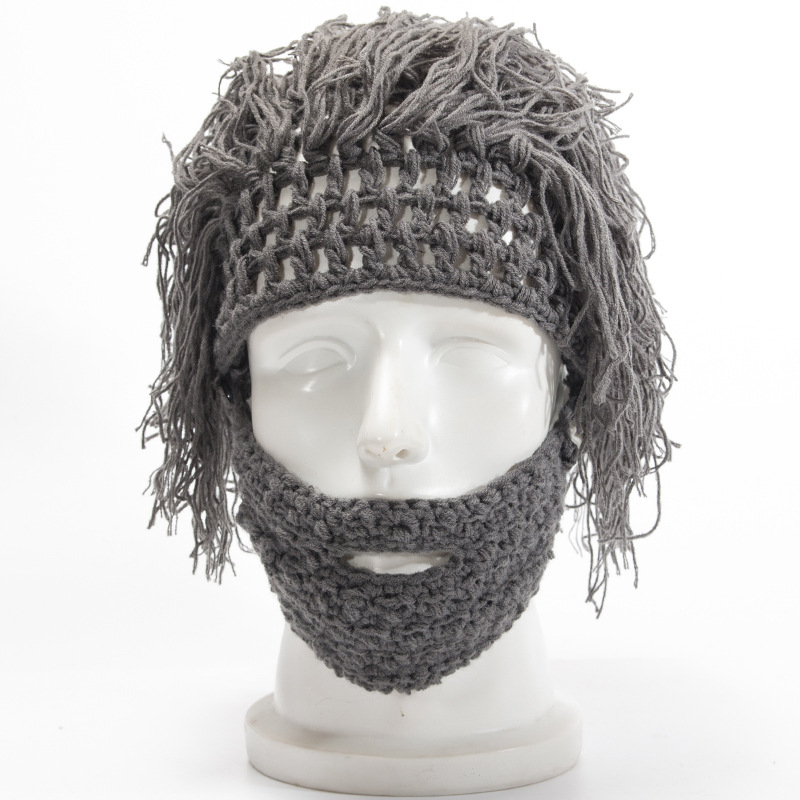 

Autumn and winter men's and women's knitted hat Halloween party funny handmade wool beard wig hat, Black
