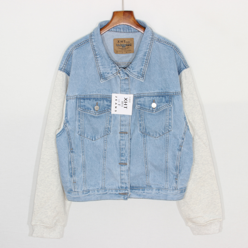 

Spring Oversize Women's Vintage Splice Fake two Short Denim jacket Streetwear Kurtka jeansowa damska Washed Casual Jeans jacket, Light blue
