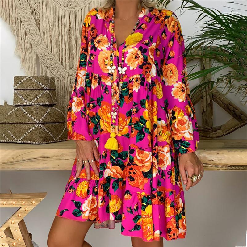 

Apparel Plus Size Womens Summer Designer Floral Dresses V Neck Printed Casual Long Sleeve Dresses Breathable Shirts Dresses Female