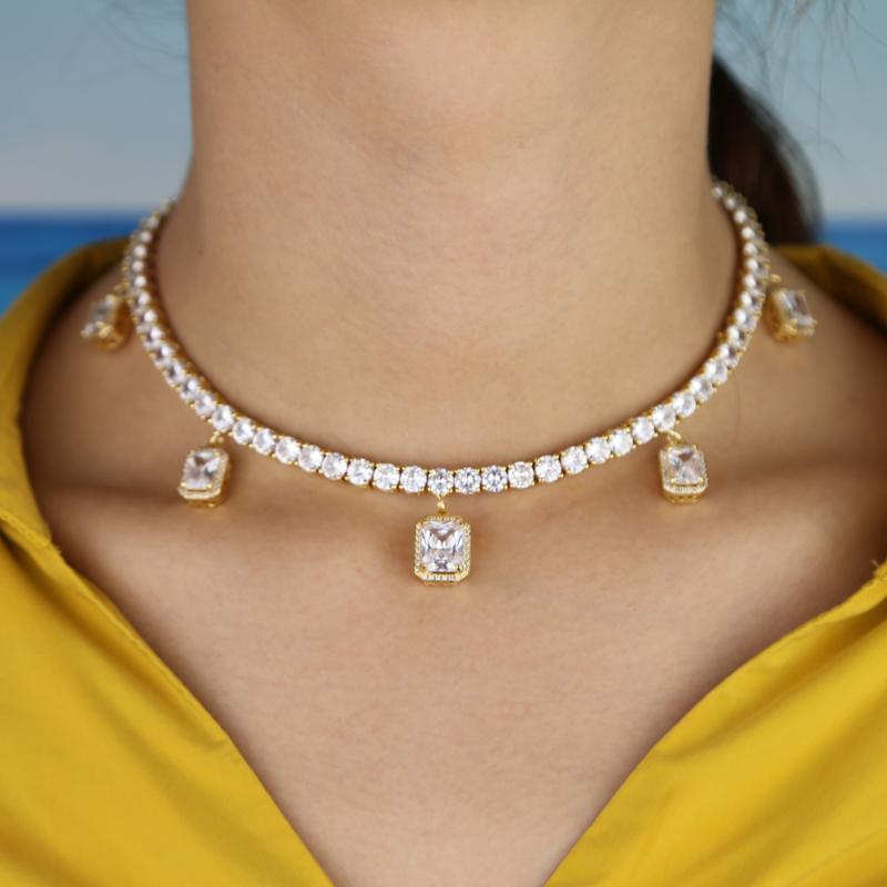 

New latest tennis chain choker necklace with animals butterfly square charm paved women hip hop necklace for women lady